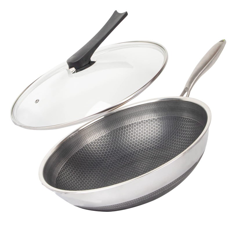 CATHYLIN CATHYLIN 125 316L Stainless Steel Honeycomb Non Stick Wok Pan Stirfry Wok with LidSkillet with Staycool Handle PFOA Free Suitable for Induction Ceramic Electric and Gas Cooktops 