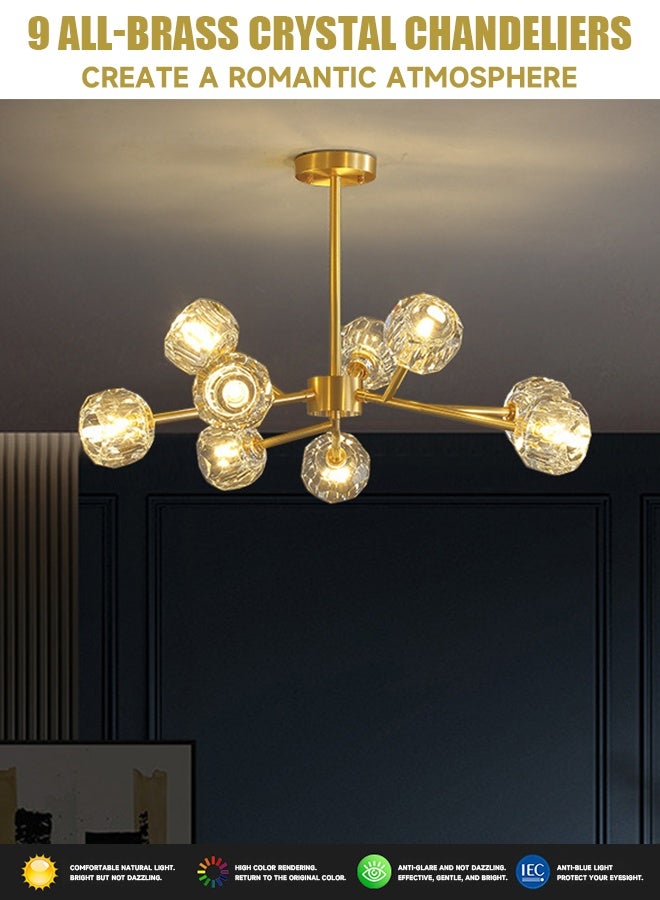 Golden Nordic style and minimalist luxury style modern feng shui crystal lamp,9-Light, three colors,  suitable for dining room, home, living room and kitchen, ceiling suspension lamp - Image 2