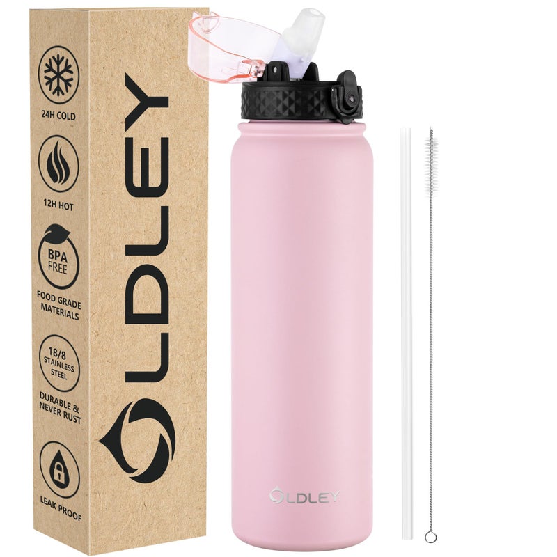 OLDLEY Stainless Steel Water Bottle with Straw 1L Vaccum Insulated Large Drink Flask Metal Water Bottles 1 litre Leakproof Keep Drinks Hot Cold for Bike Camping Sports Gym Adult Women MenPink 1 Lid