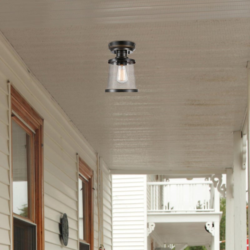Globe Electric Globe Electric 44301 Charlie 1-Light Outdoor/Indoor Semi-Flush Mount Ceiling Light, Oil Rubbed Bronze, Clear Seeded Glass Shade, Bulb Not Included  - Image 3