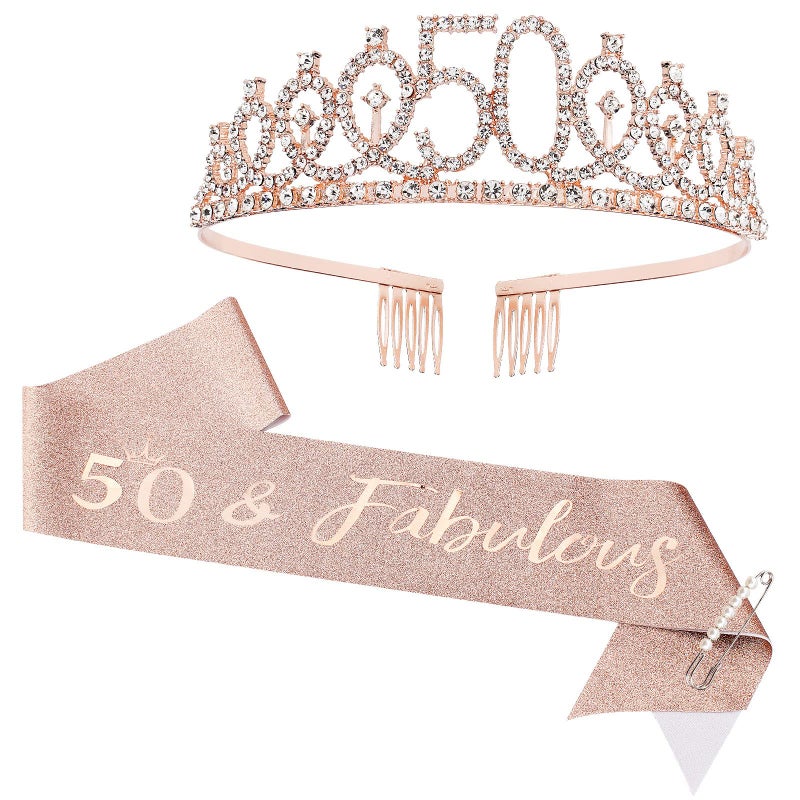 CIEHER 50th Birthday Crown + 50 & Fabulous Sash + Pearl Pin Set, 50th Birthday Gifts for Women Friends 50 Bday Decorations Women - Image 1