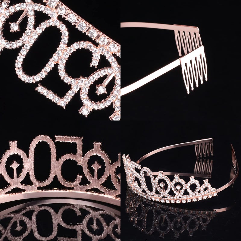 CIEHER 50th Birthday Crown + 50 & Fabulous Sash + Pearl Pin Set, 50th Birthday Gifts for Women Friends 50 Bday Decorations Women - Image 3