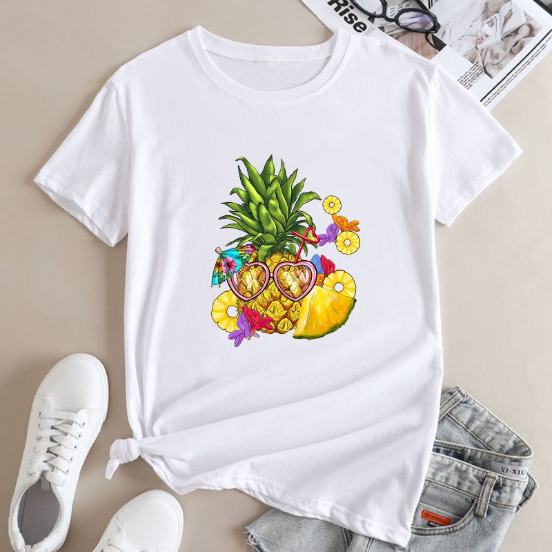 Summer Supply Women'S Shirt Loose Round Neck Hawaiian Pineapple Printed Round Neck Modal Short-Sleeved T-Shirt - Image 1