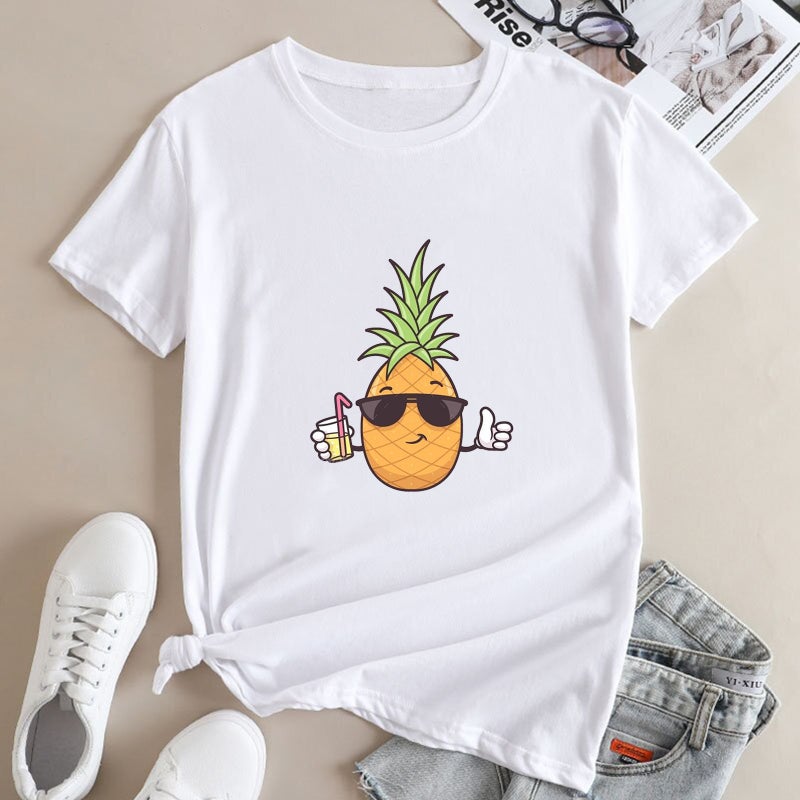 Summer Supply Women'S Shirt Loose Round Neck Hawaiian Pineapple Printed Round Neck Modal Short-Sleeved T-Shirt - Image 3