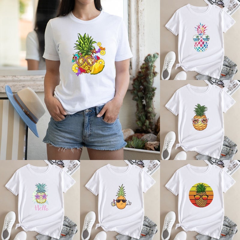 Summer Supply Women'S Shirt Loose Round Neck Hawaiian Pineapple Printed Round Neck Modal Short-Sleeved T-Shirt - Image 2
