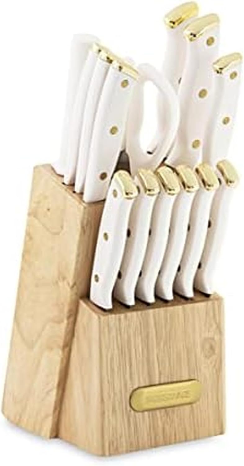 Farberware 15-Piece Knife Block Set, Triple-Riveted High-Carbon Stainless Steel Kitchen Knives, Razor Sharp Blades, Wood Storage Block, White/gold - Image 1