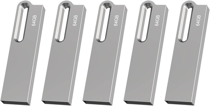 Aiibe ذاكرة فلاش سعة 64 جيجابايت، مجموعة من 5 وحدات، محرك USB معدني، عصا ذاكرة USB 2.0 سعة 64 جيجابايت، مقاومة للماء مع سلسلة مفاتيح (فضي) - Image 1