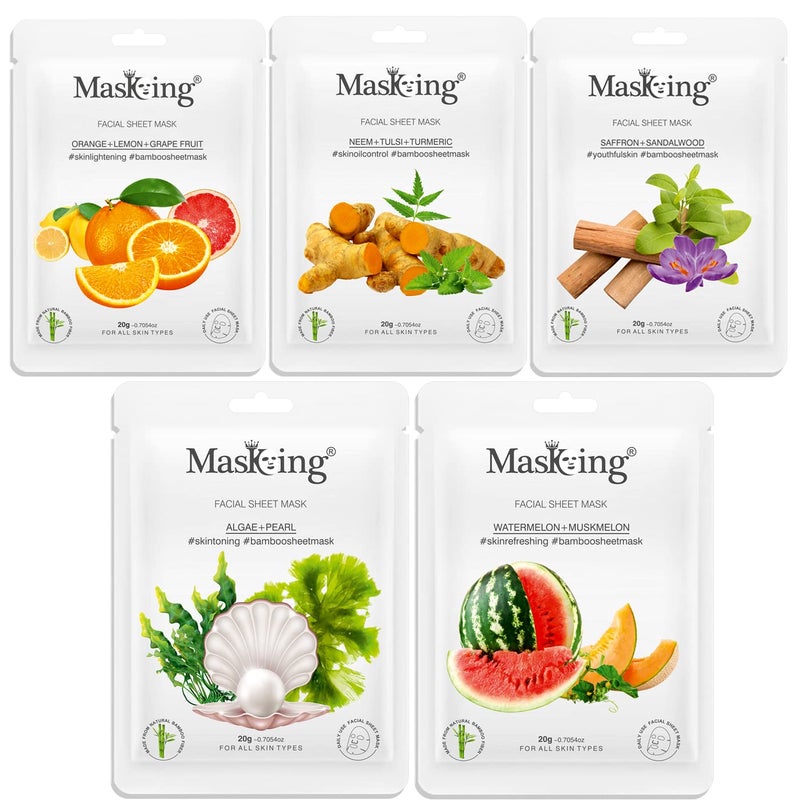 MasKing Bamboo Facial Sheet Mask of Orange Neem Saffron Algae Watermelon Ideal for Women Men 100ml Combo Pack of 5 - Image 1