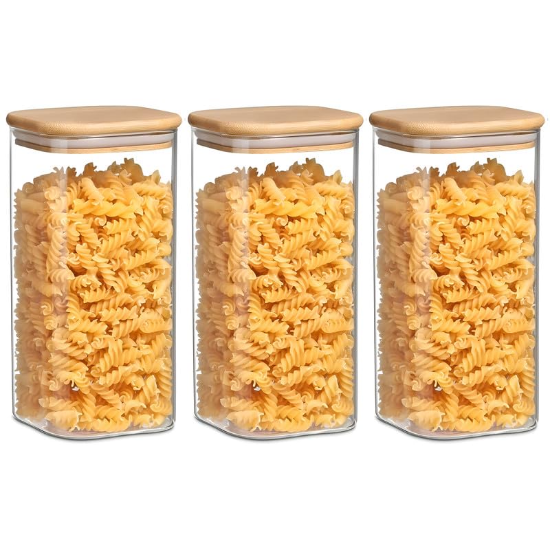 Allo 600ML Kitchen Storage Box Glass Jars With Wooden Lids - Borosilicate Glass Food Storage Containers Airtight Glass Jar For Tea, Coffee, Spice, Pulses, Masala (Square Glass Jar - Set of 3) - Image 1