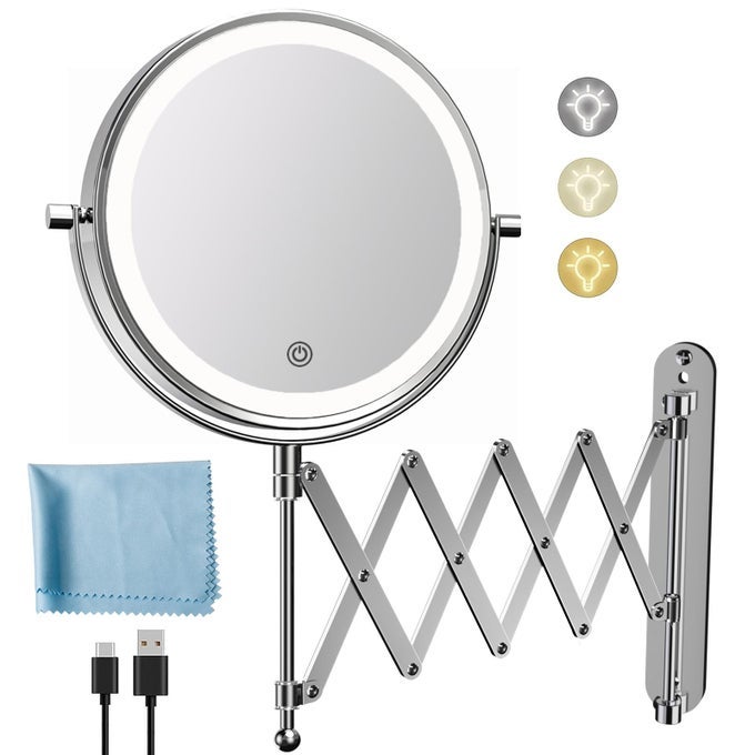 RECHARGEABLE WALL MOUNTED MAKEUP MIRROR 8 INCH DOUBLE SIDED 1X10X MAGNIFYING MIRROR WITH 3 COLOR LIGHTS DIMMABLE TOUCH SCREEN 360SWIVEL 196 INCH EXTENDABLE ACCORDION BATHROOM MIRROR CHROME