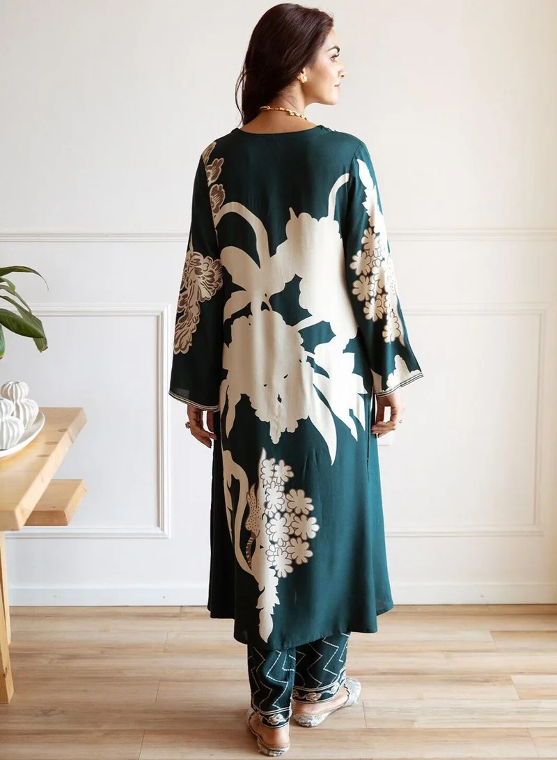 ISHIN  Women's Green 100% Cotton Embellished Tunic Full Length Casual Straight Fit Kurta Set for Women | Best Price UAE