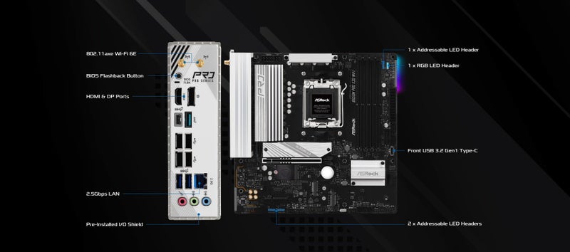 ASRock B650M Pro X3D WiFi AMD AM5 Micro-ATX Motherboard, Supports AMD Ryzen 9000/8000/7000 Series Processors, DDR5 8000+ (OC), PCIe 5.0, 2.5G LAN, WiFi 6E, 8+2+1 Power Phase - Image 3