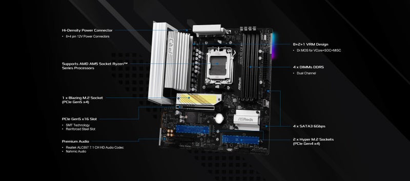 ASRock B650M Pro X3D WiFi AMD AM5 Micro-ATX Motherboard, Supports AMD Ryzen 9000/8000/7000 Series Processors, DDR5 8000+ (OC), PCIe 5.0, 2.5G LAN, WiFi 6E, 8+2+1 Power Phase - Image 5