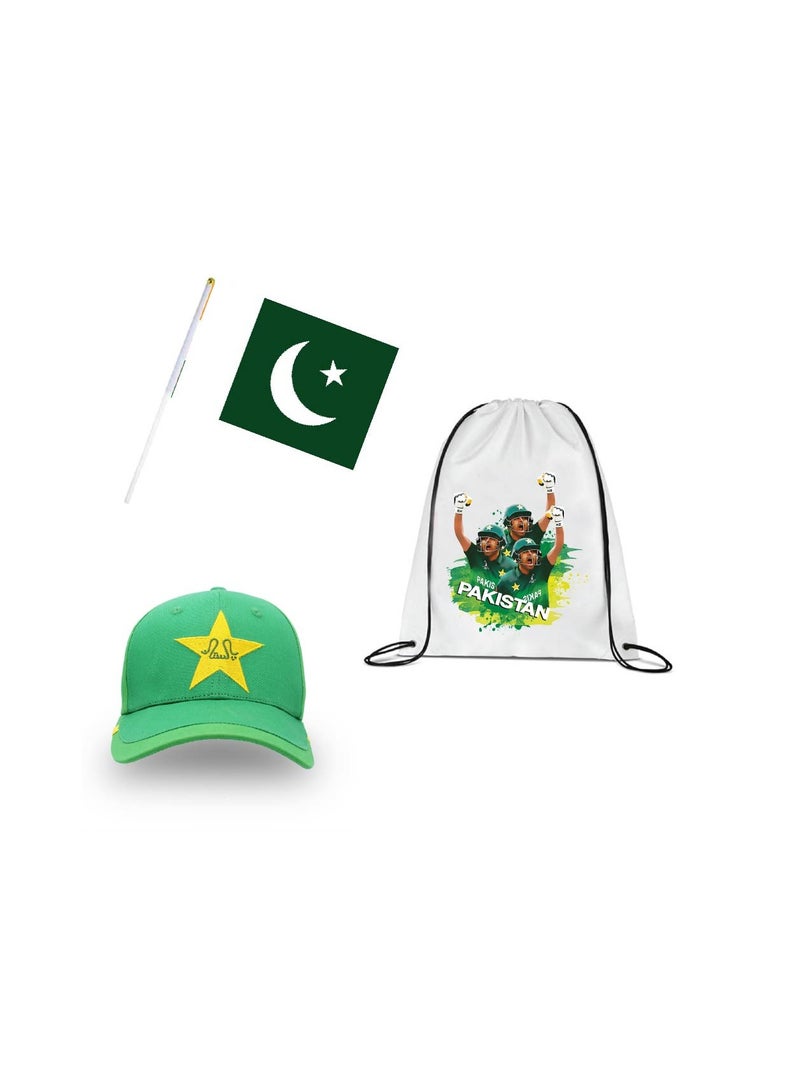 Pakistan Cricket Sports Fans Set - Pack of 3 Combo - Embroidered Cap, Drawstring Bag, and Hand Flag - Ideal for Matches, Events, and Everyday Use - Perfect for Sports Fans - Image 1