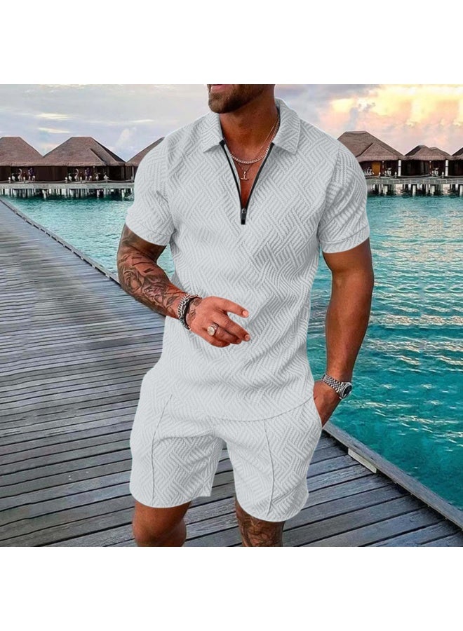 Men's Polo Suit Fashion Men Sets  Summer V-neck Zipper Short Sleeve POLO Shirt+Shorts Two Pieces Men Casual Suit - Image 1