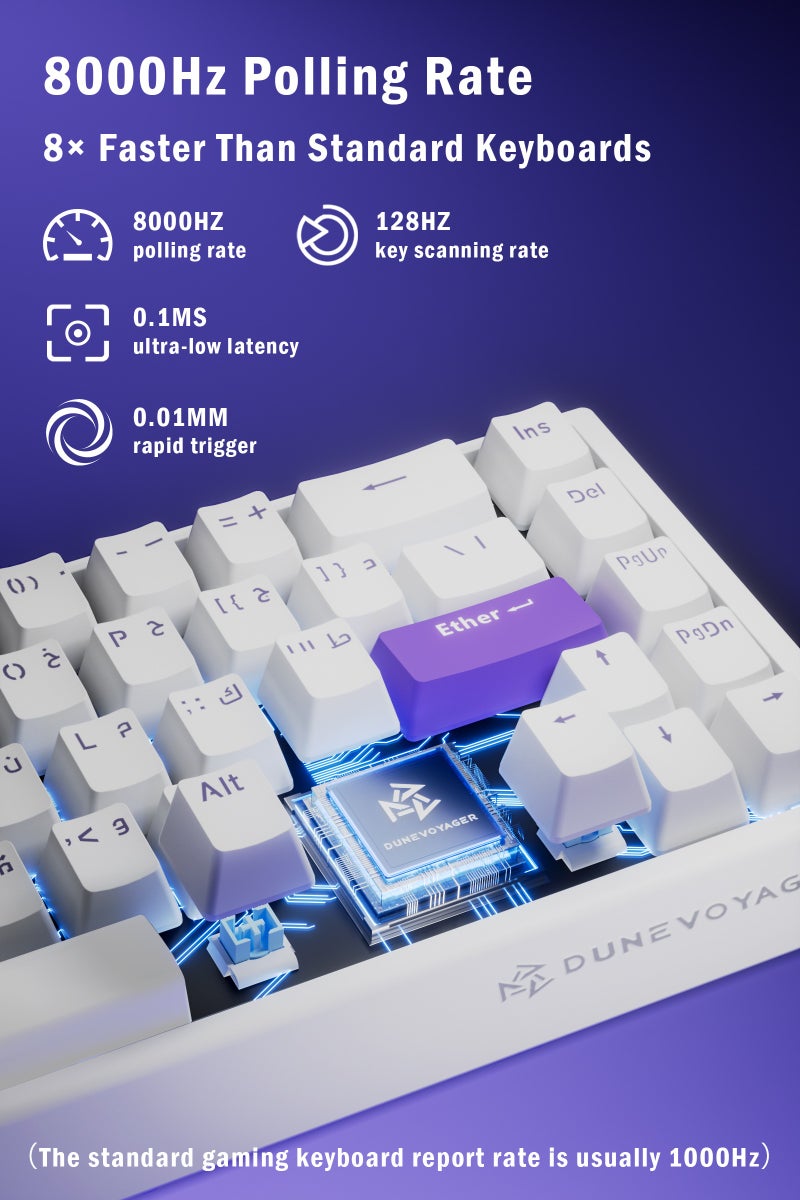 DuneVoyager COER 68C Magnetic Gaming Keyboard, 65% Layout 68 Keys, PBT Arabic Keycaps, Adjustable Actuation, Fast-Trigger Hall Effect Switches, 8KHz & 128K Polling Rate, 0.01 RT, RGB Backlit, Top Mount, 8K Pure Copper Cable, Compact Portable Design, Compatible with Sony PS4, PS5, Xbox, PC – Ideal for FPS & Fortnite Players - Image 4