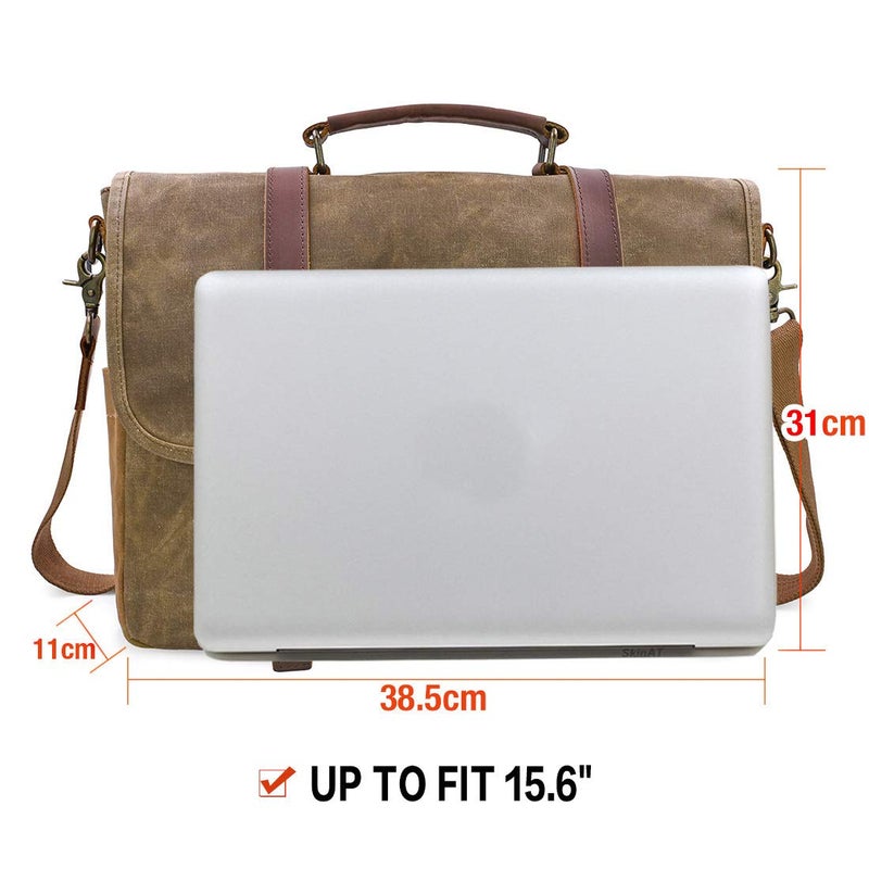 NEWHEY Mens Messenger Bag 15.6 Inch Waterproof Vintage Genuine Leather Waxed Canvas Briefcase Large Satchel Shoulder Bag Rugged Leather Computer Laptop Bag, Khaki - Image 4