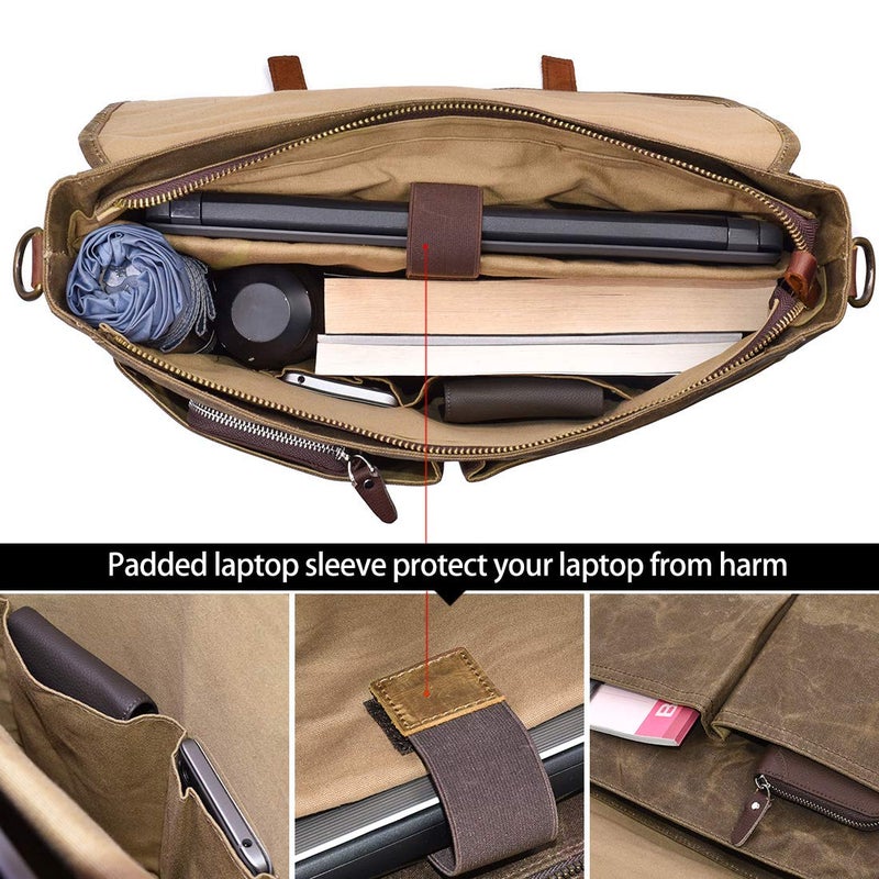 NEWHEY Mens Messenger Bag 15.6 Inch Waterproof Vintage Genuine Leather Waxed Canvas Briefcase Large Satchel Shoulder Bag Rugged Leather Computer Laptop Bag, Khaki - Image 5