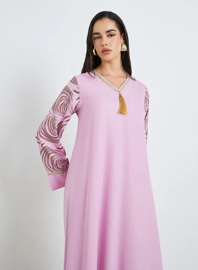 Amirah  Women Pink Printed Crepe A-Line Jalabiya for Women | Best Price UAE