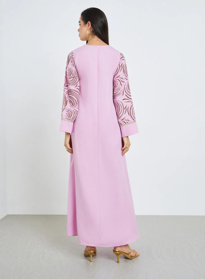 Amirah  Women Pink Printed Crepe A-Line Jalabiya for Women | Best Price UAE
