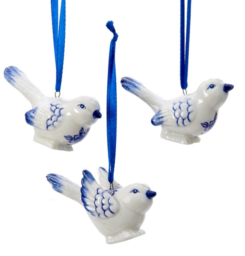 Kurt Adler J7706 Porcelain Delft Blue Bird OrnamentsBlueWhite Set Of 3
