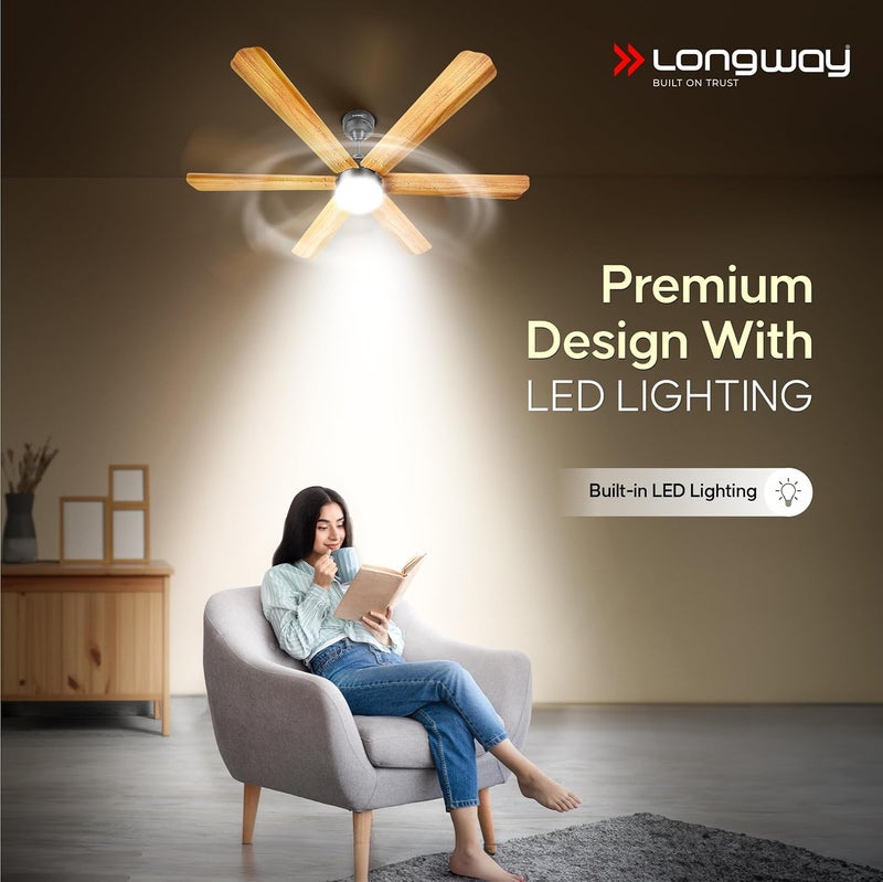 Longway Luminair Max 1200 mm BLDC Ceiling Fan with Remote Control LED LightBEE 5 Star Rated Energy EfficientUltra High Speed 6 Blade AntiDust Decorative5 Years Warranty Golden Birch Pack of 1 - Image 5