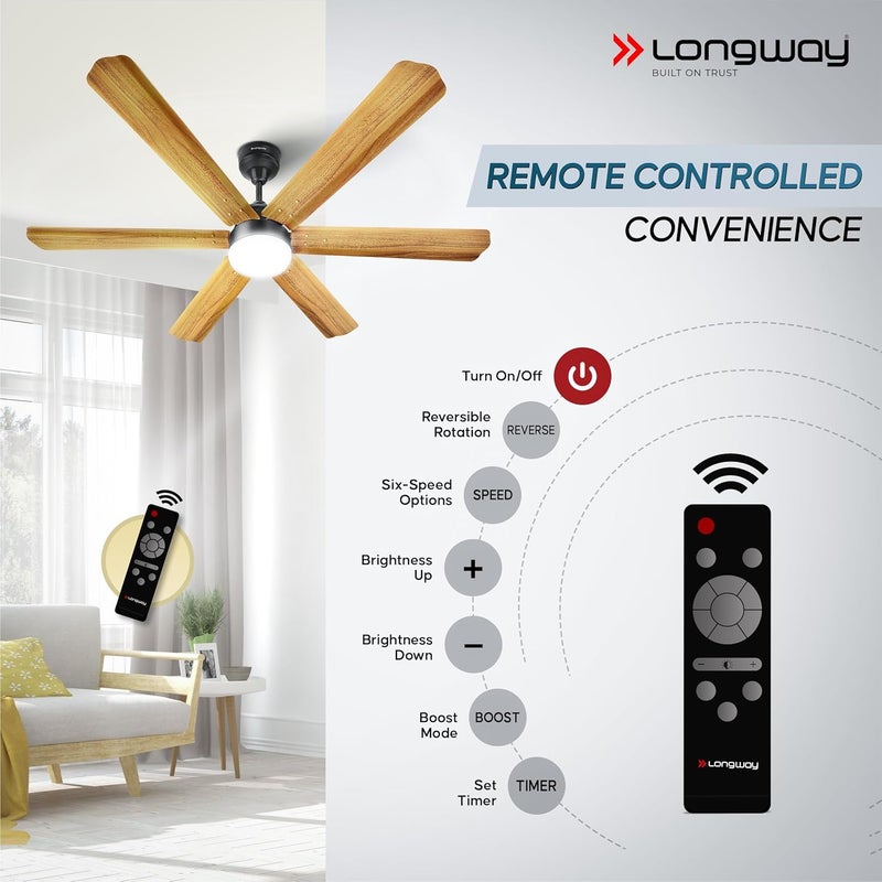 Longway Luminair Max 1200 mm BLDC Ceiling Fan with Remote Control LED LightBEE 5 Star Rated Energy EfficientUltra High Speed 6 Blade AntiDust Decorative5 Years Warranty Golden Birch Pack of 1 - Image 4