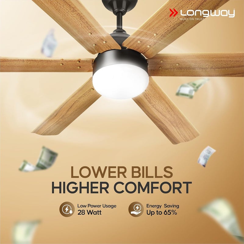 Longway Luminair Max 1200 mm BLDC Ceiling Fan with Remote Control LED LightBEE 5 Star Rated Energy EfficientUltra High Speed 6 Blade AntiDust Decorative5 Years Warranty Golden Birch Pack of 1 - Image 3