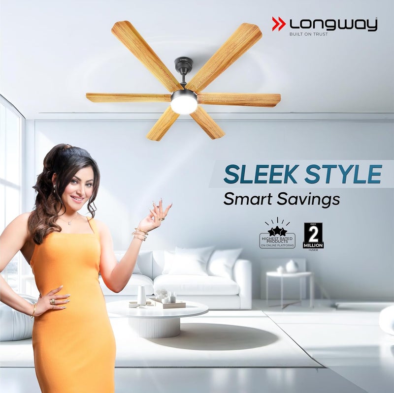 Longway Luminair Max 1200 mm BLDC Ceiling Fan with Remote Control LED LightBEE 5 Star Rated Energy EfficientUltra High Speed 6 Blade AntiDust Decorative5 Years Warranty Golden Birch Pack of 1 - Image 2