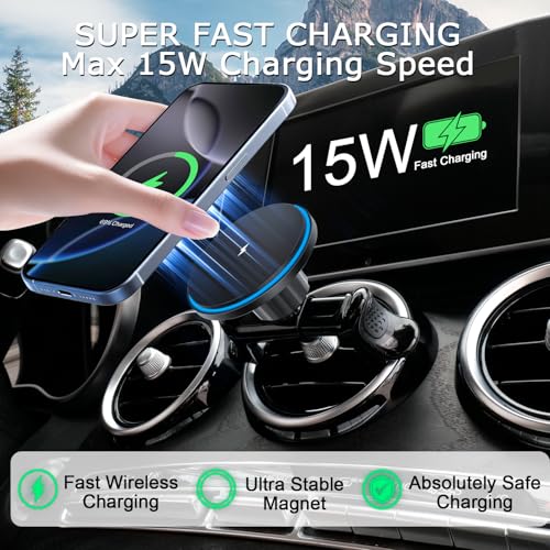 ZKJAYOE MagSafe Car Mount for Mercedes-Benz [15W Wireless Charging], Round Air Vent Holder, Compatible with Mercedes Benz GLC, C-Class, E-Class, A/B/C-Class, GLC/GLB/GLA/Sprinter, Mercedes Benz Accessories - Image 2