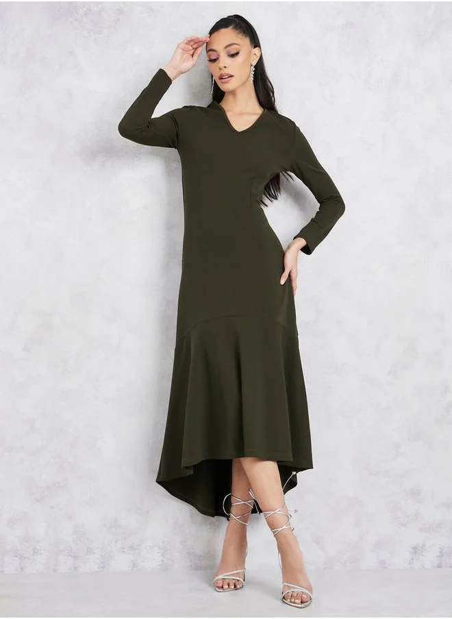 Styli Solid High-Low Hem A-Line Maxi Dress