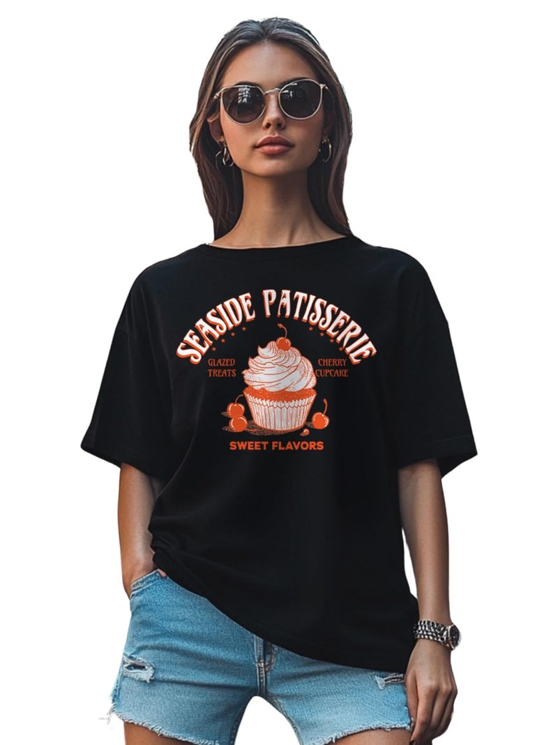JUNEBERRY® Pure Cotton Oversized Loose Baggy Fit Drop Shoulder Half Sleeve Cool Front & Back Graphic Printed Round Neck T-Shirt Combo for Women (PO3_OS_JB_SS25_CODG_SEBK_MGLC_XL) - Image 4