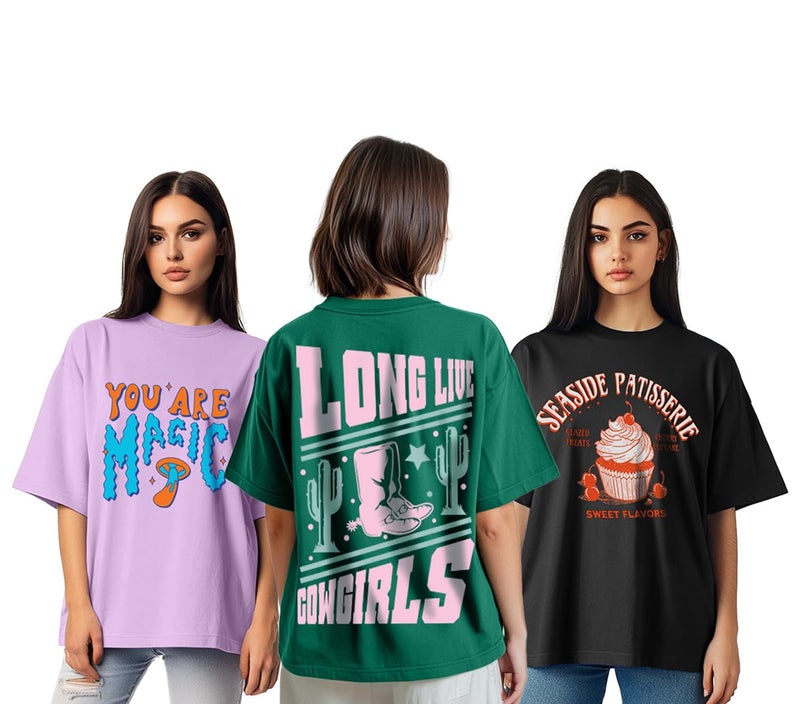 JUNEBERRY® Pure Cotton Oversized Loose Baggy Fit Drop Shoulder Half Sleeve Cool Front & Back Graphic Printed Round Neck T-Shirt Combo for Women (PO3_OS_JB_SS25_CODG_SEBK_MGLC_XL) - Image 1