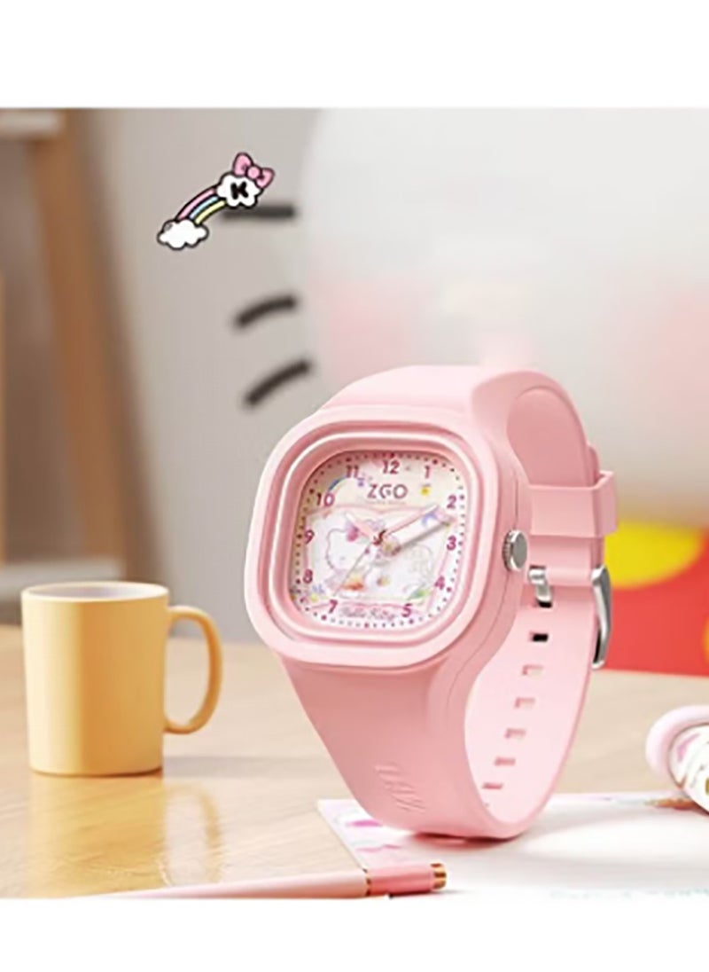 Sanrio - Pink Square Cartoon Sanrio Hello Kitty Pattern Children's Watch Silicone Strap Suitable for Kids of All Ages Gift Watch - Image 1