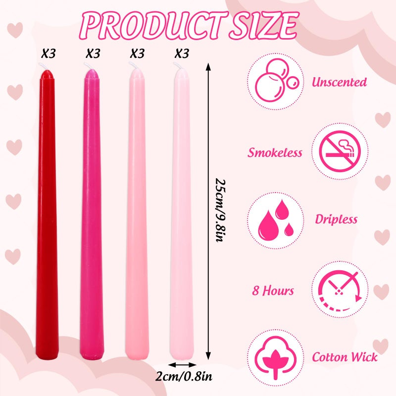 Whaline 12 Pcs Valentine's Day Taper Candles 10 Inch Wax Taper Candles Gradient Pink Red Long Unscented Candle Sticks for Wedding Anniversary Birthday Party - Image 2