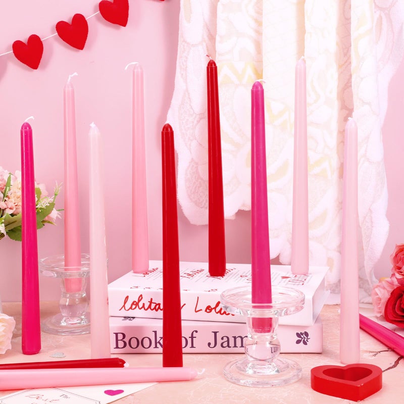 Whaline 12 Pcs Valentine's Day Taper Candles 10 Inch Wax Taper Candles Gradient Pink Red Long Unscented Candle Sticks for Wedding Anniversary Birthday Party - Image 3