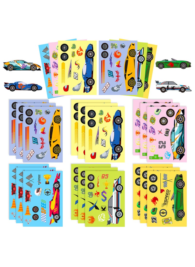 18 ورقة من ملصقات سيارات السباق تصنع وجهًا للأنشطة، اصنع ملصقاتك الخاصة للأطفال الصغار في حفلات أعياد الميلاد، مستلزمات الحرف اليدوية - Image 1