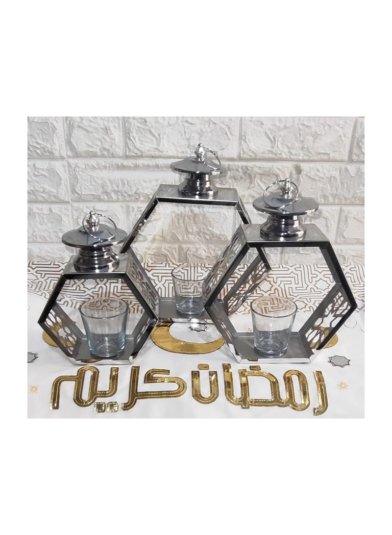 Islamic lantern set, silver metal 3 pieces Sizes Large 35 cm height Medium 30 cm height Small 25 cm height - Image 2