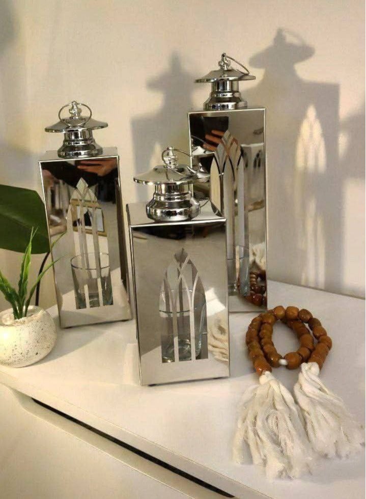 Islamic lantern set, silver metal 3 pieces Sizes Large 35 cm height Medium 30 cm height Small 25 cm height - Image 1