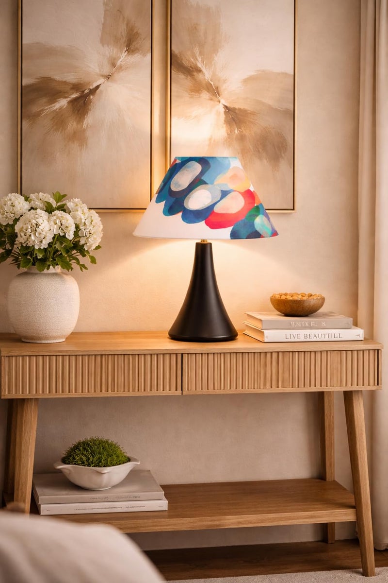 tu casa Decorative Table Lamp for Bedroom & Living Room | Black Metal Base with Abstract Fabric Shade | Warm Light Bedside Night Lamp for Home Décor & Gifting - Image 3