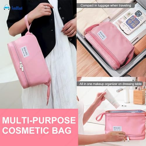 FunBlast Makeup Bag, Portable Cosmetic Bag, Large Capacity Travel Makeup Organizer, Leather Cosmetic Brush Case for Women Toiletry Bag for Girls with Handle, Make up and Accessories Bag (Pink) - Image 4