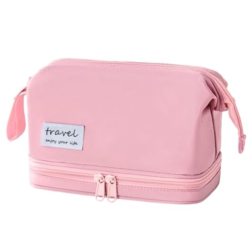 FunBlast Makeup Bag, Portable Cosmetic Bag, Large Capacity Travel Makeup Organizer, Leather Cosmetic Brush Case for Women Toiletry Bag for Girls with Handle, Make up and Accessories Bag (Pink) - Image 1
