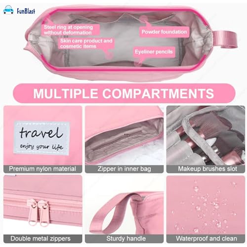 FunBlast Makeup Bag, Portable Cosmetic Bag, Large Capacity Travel Makeup Organizer, Leather Cosmetic Brush Case for Women Toiletry Bag for Girls with Handle, Make up and Accessories Bag (Pink) - Image 2