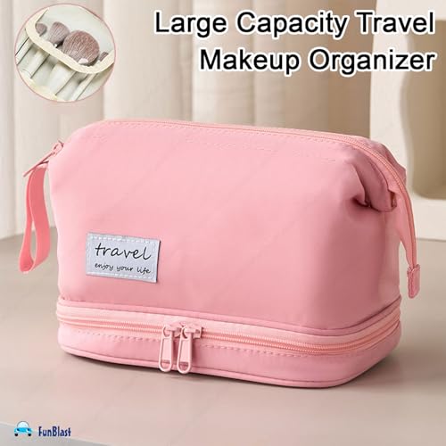 FunBlast Makeup Bag, Portable Cosmetic Bag, Large Capacity Travel Makeup Organizer, Leather Cosmetic Brush Case for Women Toiletry Bag for Girls with Handle, Make up and Accessories Bag (Pink) - Image 5