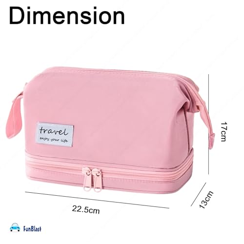 FunBlast Makeup Bag, Portable Cosmetic Bag, Large Capacity Travel Makeup Organizer, Leather Cosmetic Brush Case for Women Toiletry Bag for Girls with Handle, Make up and Accessories Bag (Pink) - Image 3