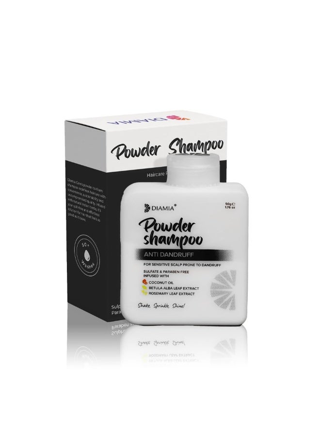 DIAMIA Anti-Dandruff Shampoo Powder 50g | Travel-Friendly | Powder-to-Foam for Itchy Scalp & Flake Control | With Tea Tree Oil, Menthol & Zinc PCA | Refreshing, Dandruff-Free | Sulphate & Paraben-Free - Image 1