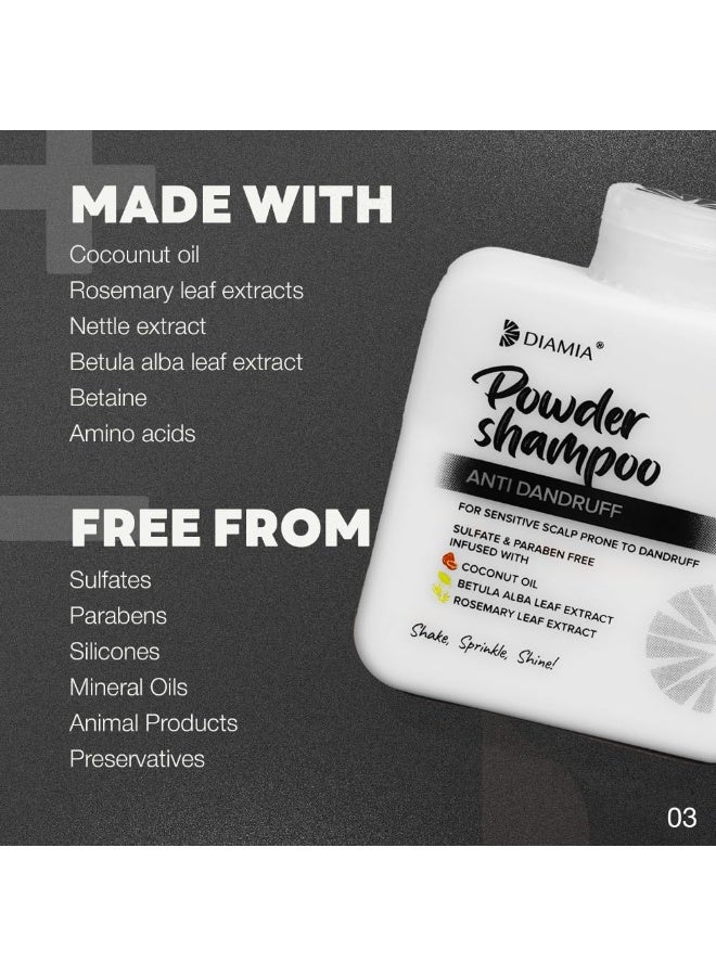 DIAMIA Anti-Dandruff Shampoo Powder 50g | Travel-Friendly | Powder-to-Foam for Itchy Scalp & Flake Control | With Tea Tree Oil, Menthol & Zinc PCA | Refreshing, Dandruff-Free | Sulphate & Paraben-Free - Image 3