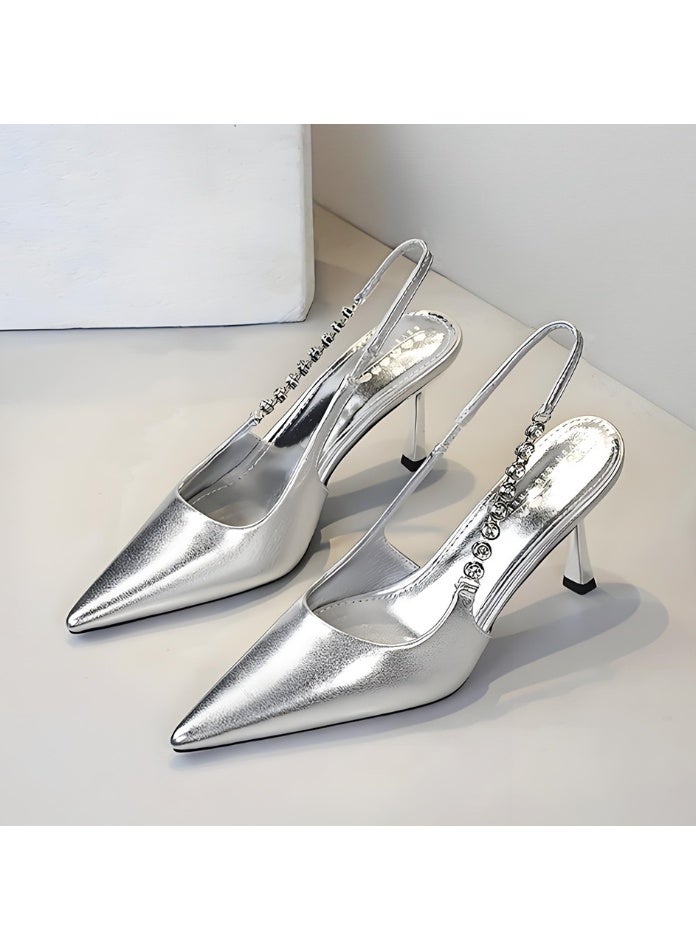BIGTREE Women's  Closed Pointed Toe Pumps Slingback Stiletto High Heel Sandals With Rhinestone Ankle Strap Silver 8CM - Image 1