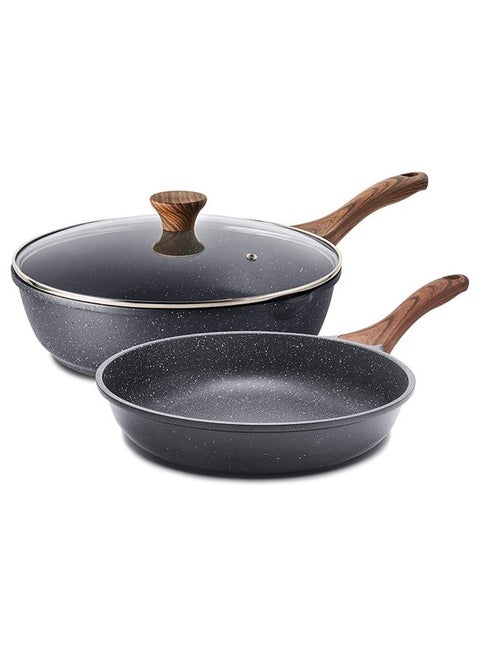 Swiss Granite Coating Non-Stick Frying Pan Skillets (20+26Cm With Lid) With Wooden Handle, Pfoa/Pfos/Apeo Free, Omelette Pans, Healthy Cookware Chef'S Pan, Pfoa Free, Dishwasher Safe, Black