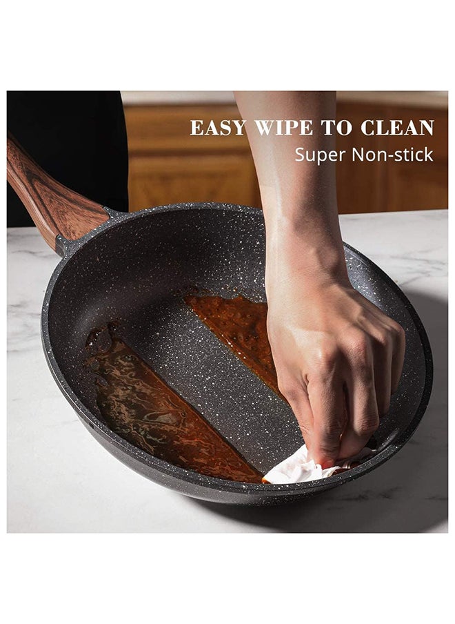 Swiss Granite Coating Non-Stick Frying Pan Skillets (20+28Cm With Lid) With Wooden Handle, PFOA/PFOS/APEO Free, Omelette Pans, Healthy Cookware Chef'S Pan, Pfoa Free, Dishwasher Safe, Black